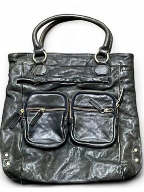 J Crew Vintage Green Leather Tote Bag with Front Zip Pockets